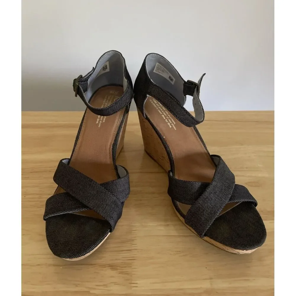 TOMS Wedge Heel Cork/Fabric Buckle Strap Womens Blue Sandals Shoes‎ Size W 10